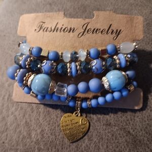 Blue Beaded Bracelet Set with Gold Accents